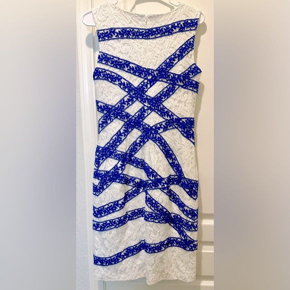 Tadashi Shoji Sleeveless White Lace Sheath w Banded Lace Ribbon Effect Detailing - Picture 7 of 8